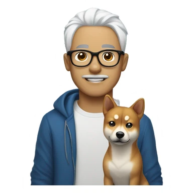 A guy with white hair tied in a ponytail, black-framed glasses, a nose piercing, a blue hoodie and a Shiba Inu dog next to him sticker