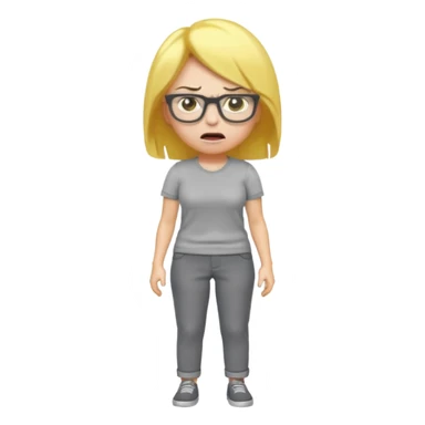 cartoon angry mother with yellow hair, wearing glasses, gray shirt and pants, emoji style sticker