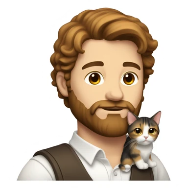 A whit man with brown hair and beard holding calico cat sticker
