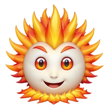 spiky mineral rock characterA single spiky crystal rock character, compact and round with many chunky flame-like spikes, glowing red–orange–yellow gradient like fire, faceted crystal texture, cute face with big shiny eyes and excited smile,

 sticker