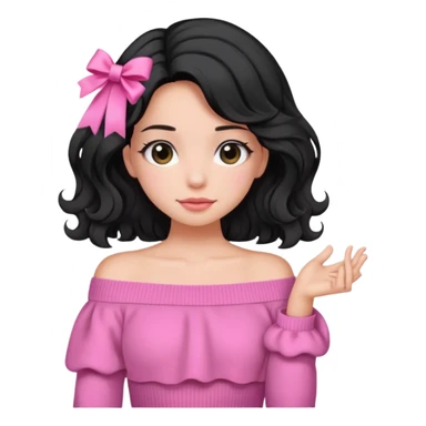 Girl with black wavy not so long hair and a ribbon hair clip beside it make it look like wearing a pink off shoulder sweater sticker