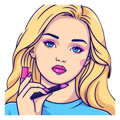 Blonde woman with long hair, blue eyes and pink lips holding mascara in her hands sticker