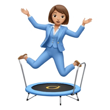 девушка с коричневым каре в голубом костюме прыгает на мини батуте с ручкой sticker