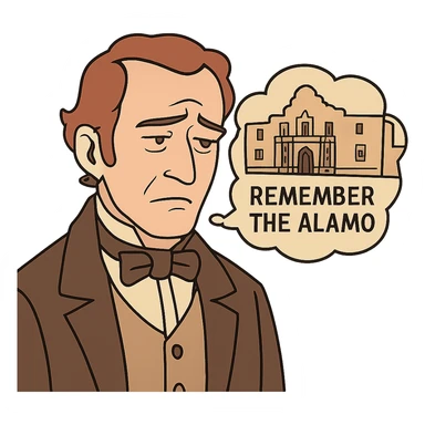 flat toon style face of an 1800s person with a solemn, reflective expression, remembering the Alamo sticker