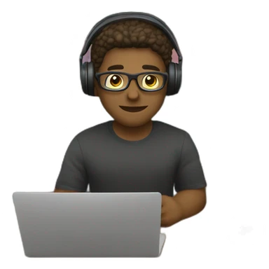 programmer in front of a library full of books books-wearign a headset coding on a laptop sticker