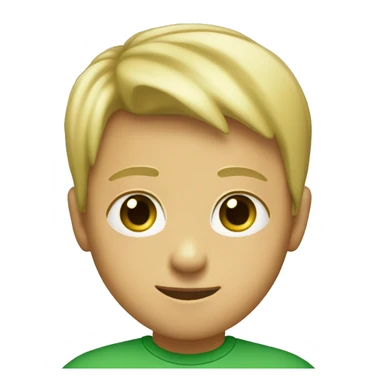 An 11 years old child that is blonde, he has green eyes, he is suntanned, he has a small nose and wears a green t-shirt  sticker