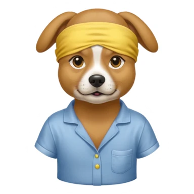 a dog with yellow sleep mask and wearing shirt sticker