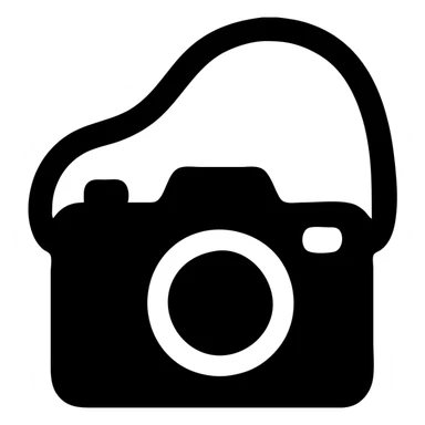 A camera in a black filled icon style, with a strap. sticker