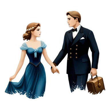 Icon for Titanic Movie: A vintage movie poster-style design featuring a dramatic scene of the ship, the iceberg, and a romantic silhouette of the main couple. Include elements like the ship’s bow, water splashes, and a starry sky in the background. Retro cinematic feel. Transparent background. sticker
