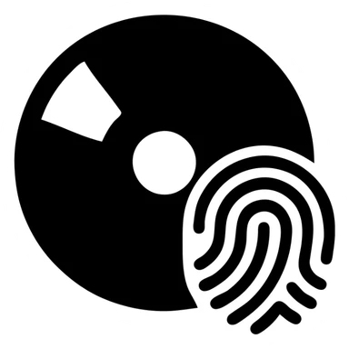 A CD disc in a black filled icon style, with a fingerprint. sticker