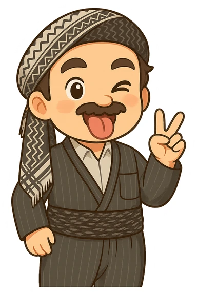 Cartoon sticker of a Kurdish man with the same clothes and scarf as the reference image, no changes to clothes or scarf. Face with tongue out and wink expression similar to the 😜 emoji. Hand raised in a playful or fun gesture, such as a victory sign. Colorful and cheerful, no shadows or color halos around the image, no text, fully transparent background, suitable for WhatsApp and Instagram. sticker