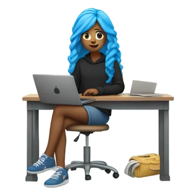 a girl with long blue hair in a black sweatshirt is sitting at a laptop sticker