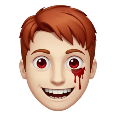 парень с красно-русыми волосами; бледная сероватая кожа; белые глаза; открытая улыбка, где на зубах кровь;  sticker