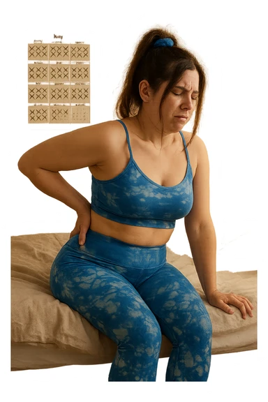 a woman in her 30s sits on the edge of her bed in the morning, holding her lower back with a pained expression. Subtle visual cues, like uneven shoulders or hips, hint at postural asymmetry. The room is softly lit, and a calendar on the wall shows months crossed off, symbolizing chronic pain over the years. sticker