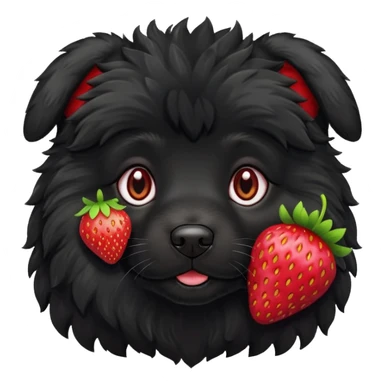 A black fluffy dog with a strawberry sticker