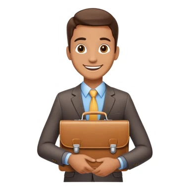 Friendly salesman with briefcase presenting product sticker