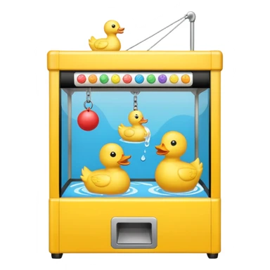 Claw machine arcade game with crane picking up a rubber ducky sticker
