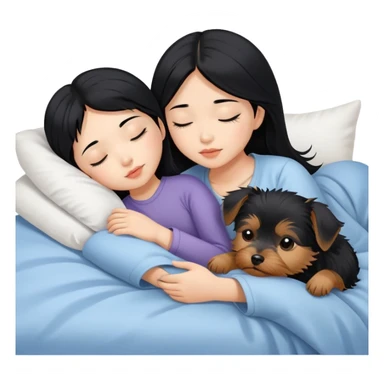 pretty asian girl with black hair sleeping in bed with small yorkshire terrier sticker