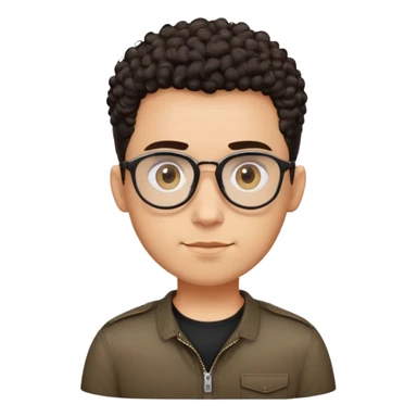 Man with small oval face and big forehead, aviator-style glasses, very short dark curly hair with skin fade (no hair on sides), neutral-friendly expression, light brown skin, wearing a black shirt sticker