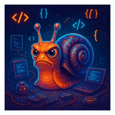 a snail surrounded by code symbols and gadgets, focused expression, digital art sticker