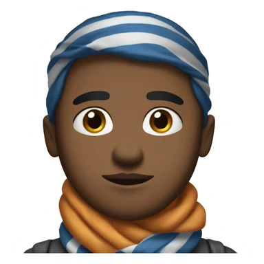 Round-faced character with a serious, slightly annoyed expression, medium brown skin, thick flat eyebrows, full closed lips, and a blue-gray striped neck scarf. Calm but determined vibe. sticker