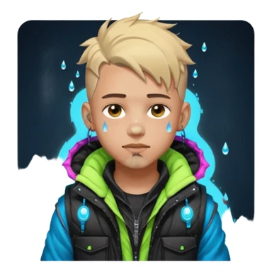 Cyberpunk street kid, male, messy undercut, puffer vest over hoodie, glowing earpiece, light stubble, brown eyes, neon reflections, raindrops, dark background. sticker