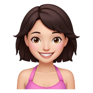 fairy woman, dark brown bob, brown cheek freckles, big smile, pink halter top sticker