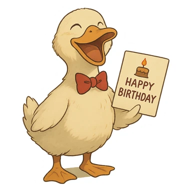 laughing duck with bowtie holding birthday card sticker