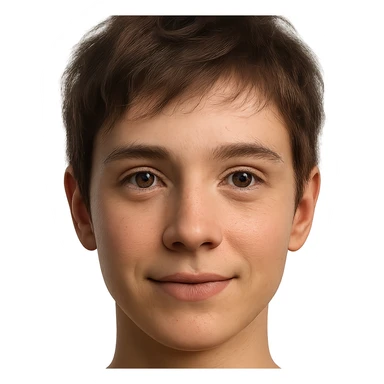 hyper-realistic emoji face of a young person with short tousled brown hair, light skin, slight smile, detailed skin texture, natural lighting, lifelike eyes, realistic facial features sticker
