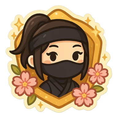 Keep the previous badge design with the chibi ninja girl's face in the center, gold color, sakura flowers, sparkly effects, and badge shape. Make the badge a little less realistic and more stylized, with softer shading and simpler, cleaner lines, but keep the overall look close to the previous version. Transparent background, sized for Twitch or Discord use. sticker