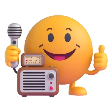 3D smiley emoji, round shape, grandfather with an old radio, brown color, smiling face sticker