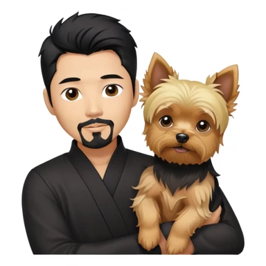 Dark haired Korean Asian handsome man with black pointy hair full goatee.   Holding one blonde yorkie.  sticker