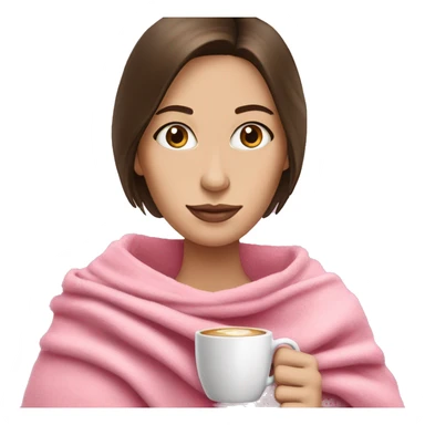 Brunette white skin in pink blanket with coffee sticker