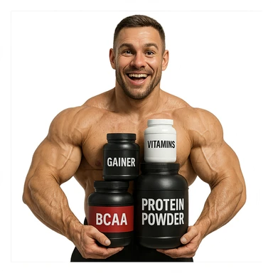 hyper realistic enthusiastic bodybuilder proudly showing his 'stack' supplements, prominent muscles, satisfied expression, realistic details, white background sticker