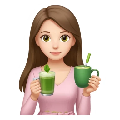 white long brunette hair girl with hazel eyes wearing light pink who is holding matcha sticker