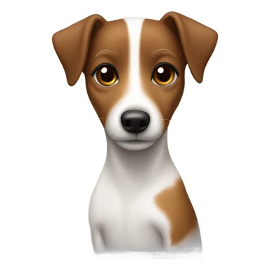 Jack Russell dog in the arms of a girl with brown hair and a mole above her lip sticker