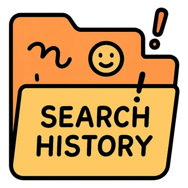 cartoon icon of a file folder labeled 'search history' with comical doodles and exclamation marks sticker