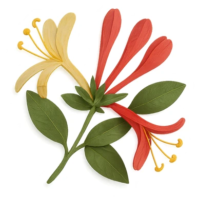 close-up of honeysuckle flowers, fine paper edges, tubular blossoms, green foliage, expressive arrangement sticker