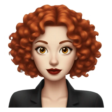 Pale Woman with short, dark curly red hair, bright red lipstick and dark cat-eye makeup sticker