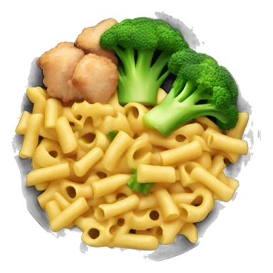 dish with macaroni and pieces of broccoli and chicken sticker