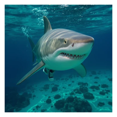 realistic shark wearing shoes, professional photography style sticker