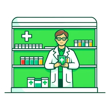 pharmacy shelves, pharmacist, green cross sign sticker