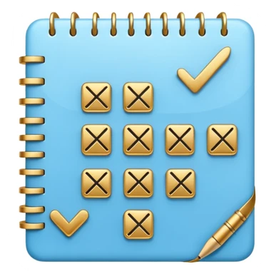 modern elegant planner with checkmarks emoji, 3D style, soft blue and gold, clean design sticker