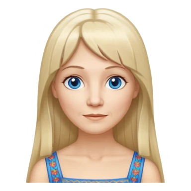 50 yr old white woman, hippie parted very long hair, short bangs, very long straight blond hair, oval face, small smile, blue eyes, thin face, hair downback, hair parted at center of head, round cheeks, pale, longer hair, white evening dress sticker