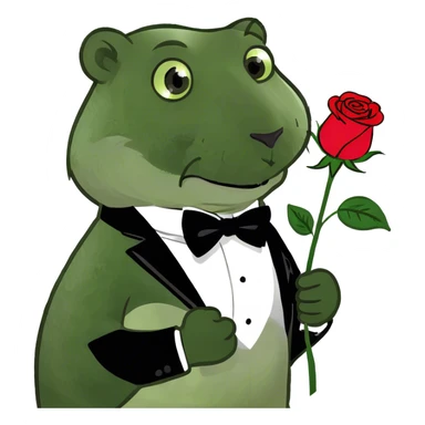 A beaver dressed in a tuxedo is holding a rose in its paws. sticker