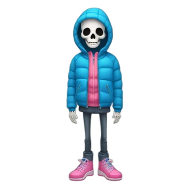 skeleton friendly in a blue winter jacket with pink shoes and NOT Wearing his hood! sticker