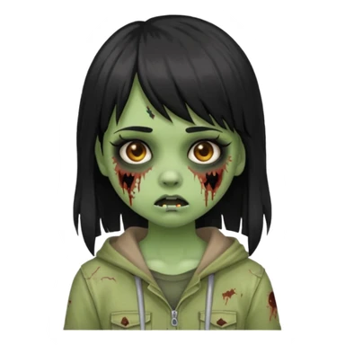 Girl with black hair and raccoon blonde streaks, bangs, light skin, zombie version, pale green skin, emoji style. sticker