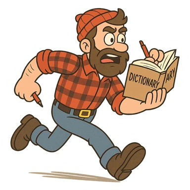 expressive and funny cartoon of a lumberjack running, holding an open dictionary in one hand and a red pen between fingers sticker