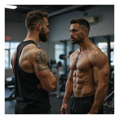 hyperrealistic 4K scene of bodybuilding coach giving advice to a client in a gym, both in sportswear, serious and focused expressions, realistic details, visible gym equipment sticker
