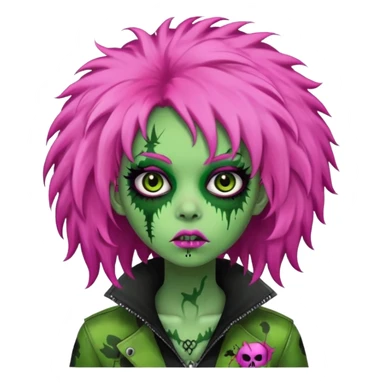 girl, green zombie,pink afro, long, emo, shaggy, dark, spooky,creepy expression sticker